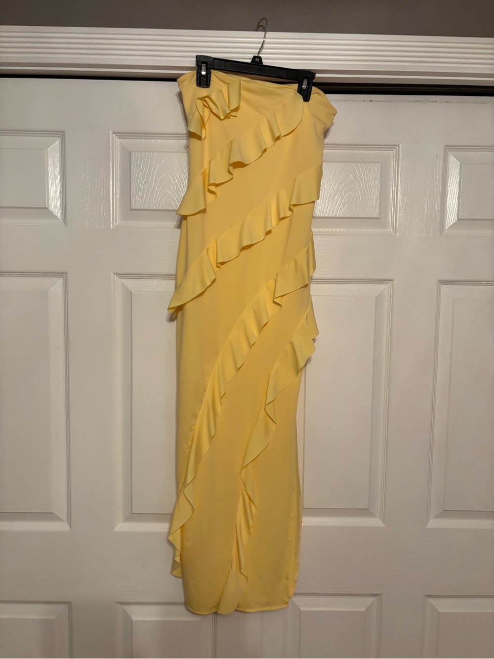 Amazon Yellow Strapless Ruffle Column Dress